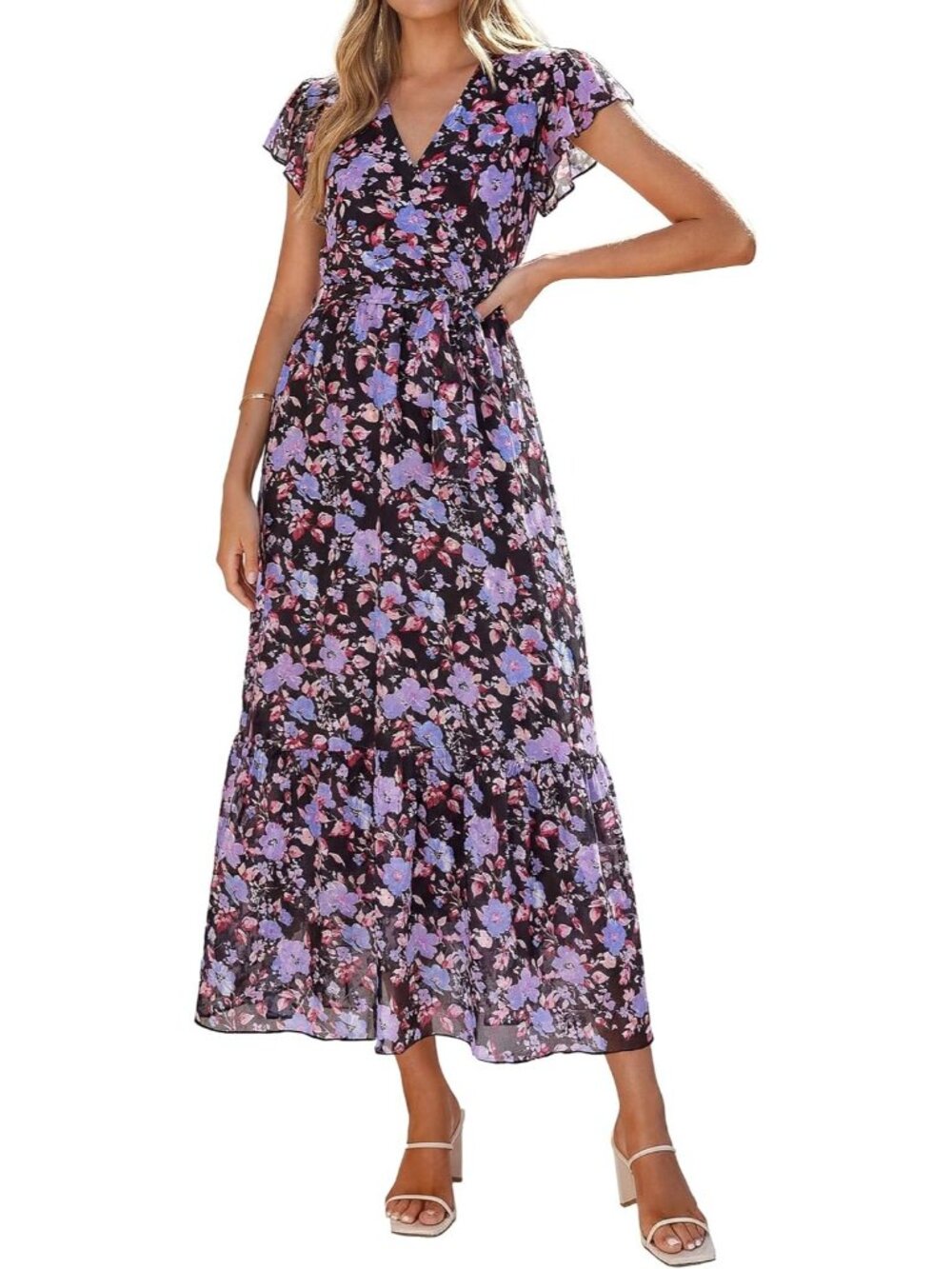 Women's Black Purple Summer Short Sleeve Wrap V Neck Floral Boho Maxi Dresses